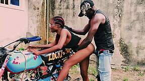 petite 18+ biker gangster mounts man for standing bike sex in garage