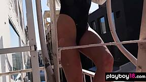 skinny elsa jean strips petite tits on fire escape outdoors