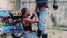 petite 18+ biker gangster mounts man for standing bike sex in garage