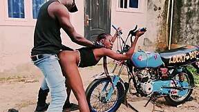 petite 18+ biker gangster mounts man for standing bike sex in garage