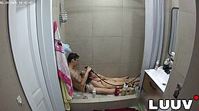 luuv xaner flashes shaved tits showering with grossy voyeur style