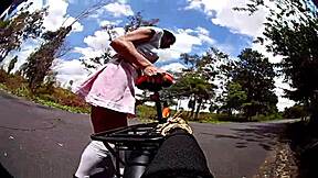 biker shemale flashes panties on bike ride before outdoor cumshot 😈🍑💦