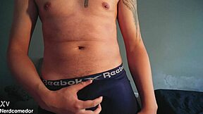 nerd guy drops underwear strokes huge cock moaning to explosive solo cumshot