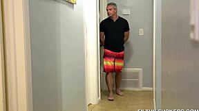 Sarah Lace rides dildo solo while stepdad spies from under bed in 4k voyeur shower play!