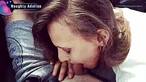 naughty adeline gives sloppy car blowjob swallows big cum load