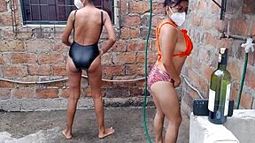 Whores' Sensual Country Bath Turns into Tit Vagina Groping Frenzy!