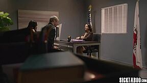 Horny babe takes big cock in rough threesome pounding