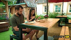 Think stepdaddy won't rough fuck son's shaved pussy girlfriend doggystyle outdoors?