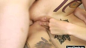 Skinny shemale Freya Wynn takes brutal anal pounding from nasty dude on sofa while gripping her small tits