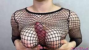 Roommate catches dick in fishnets uses big tits orgasm