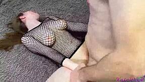 Roommate catches dick in fishnets uses big tits orgasm