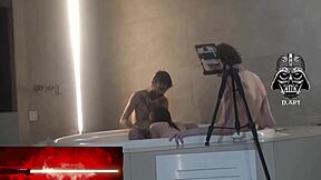 motel hidro's curly haired goddess dominates nerd in threesome toe sucking nipple play