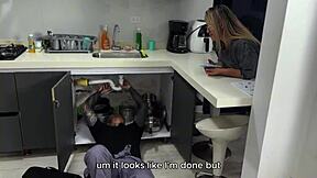 The plumber pounds juliana rose hard as her cuckold boyfriend calls during the fuck