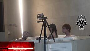 motel hidro's curly haired goddess dominates nerd in threesome toe sucking nipple play