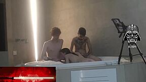 motel hidro's curly haired goddess dominates nerd in threesome toe sucking nipple play