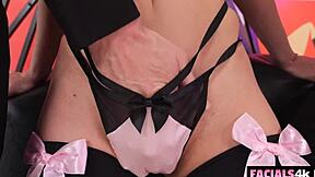 kimmy kimm slurps three cocks begging for facial cum drench