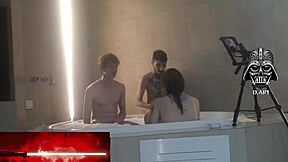 motel hidro's curly haired goddess dominates nerd in threesome toe sucking nipple play