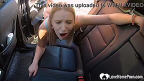 Gorgeous horny blonde babe ripped lingerie bent over backseat car for hardcore pov pounding