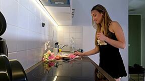 Sexy brunette dorm girl bored in satin nightie kitchen