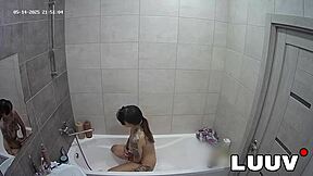 Emily flashes her natural tits in bathroom then rides dildo to wild orgasm on home cam