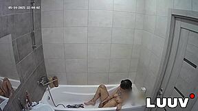 Emily flashes her natural tits in bathroom then rides dildo to wild orgasm on home cam