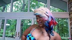 worship this slim black redhead's huge fake ass on big black cock