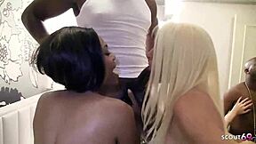 two blonde cougars and ebony slut swing in private orgy with bbc duo