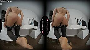 Solo brunette teen Miledy teases shaved pussy with toy in VR reality