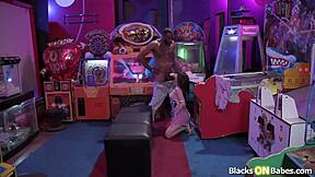 Petite GF Bent Over Sucked Fucked by BBC in Public Arcade