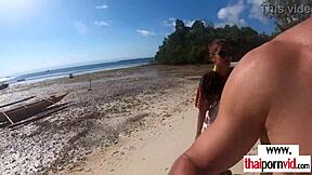 Petite Thai teen sucks big cock beach fuck pov