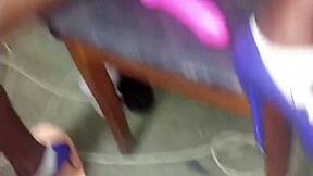 hot slut toys pussy on chair in purple heels