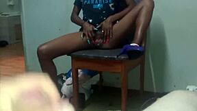 hot slut toys pussy on chair in purple heels