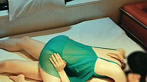 that slim cute japanese wife in green lingerie rides and doggystyles her lover homemade