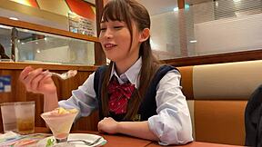 Japanese schoolgirl rides old man's cock hard