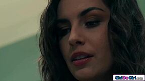 Lesbian client strapons horny babe courier