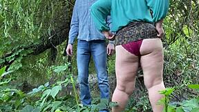 Curvy milf rubs her wet pussy as young guy next to her finishes