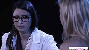 lesbian babe licks milf's shaved pussy while tribbing big tits