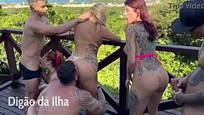 Three latinas outdoors orgy bent over big cocks creampie swallowing cum