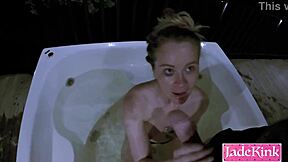 neighbors hotwife slurps huge cock in outdoor bathtub