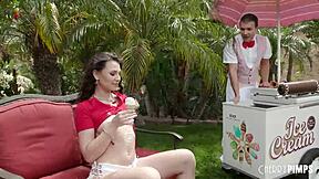 LIZ JORDAN DRIBBLES ICE CREAM ON PERKY TITS RIMMED POUNDED OUTDOORS
