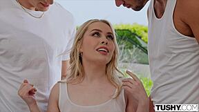 Tiny blonde Haley Spades, ready for crazy double penetration ass workout?