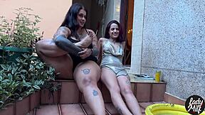 what if skinny babe teaches bbw milf some dirty tricks?