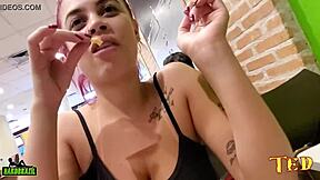 wanna see this tattooed brazilian teen flash tits and pussy at mcdonalds?