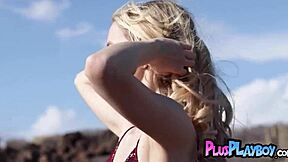 Petite blonde Emmi Wild strips lingerie posing to expose small tits pussy