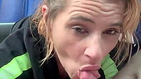 Hooker bares ass for public blowjob ending in hot cum mouth swallow