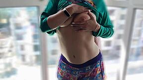 Hairy Teen Fucks Risky By Window Stripping Tits