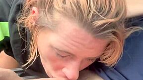 Hooker bares ass for public blowjob ending in hot cum mouth swallow