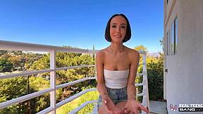 Tight teen Christina Sage flashes small tits before outdoor couch pounding