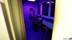 Fuck this german glasses fitness model then creampie her tight pussy in the gym shower!