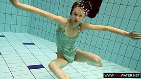 brunette long hair cutie janka underwater shower pool tease